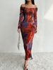 Women's Clothing Printing Pleated Sexy Tight Fitting Slit Square Neck One Line Dress_ecoleips.com