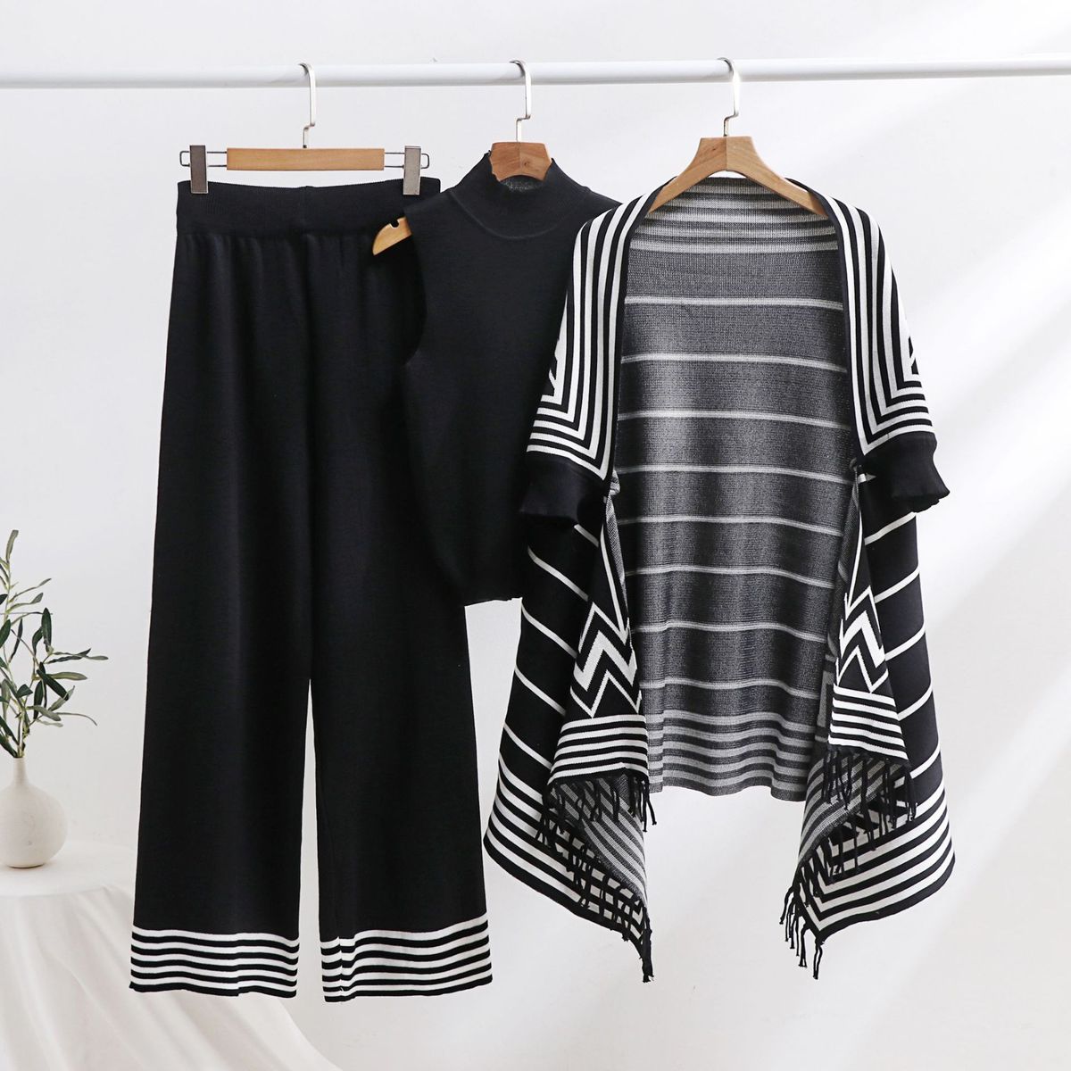 Women's Clothing Suits For Women, Striped All Match Collar Sweater Vest, Tassel Shawl Coat, Knitted Wide Leg Pants Three Piece Suit_ecoleips.com