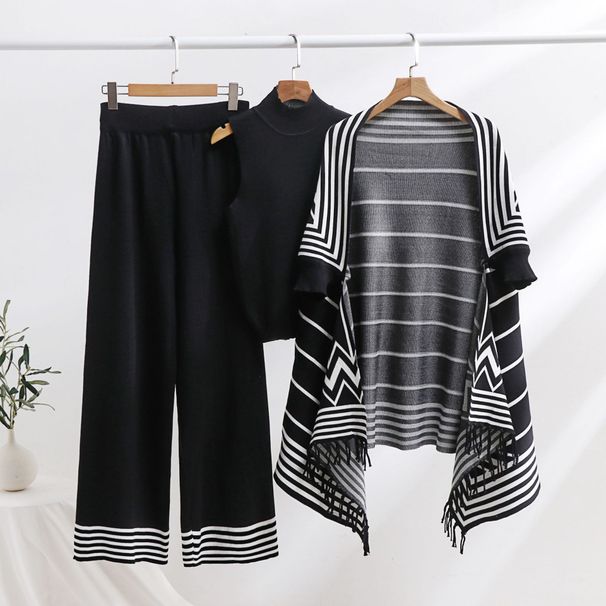 Women's Clothing Suits For Women, Striped All Match Collar Sweater Vest, Tassel Shawl Coat, Knitted Wide Leg Pants Three Piece Suit_ecoleips.com