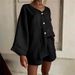 Women's Spring/Summer Two Piece Set Cotton Linen Solid Color Cardigan Long Sleeve Button Detail Shorts with Pockets European American Style_ecoleips.com