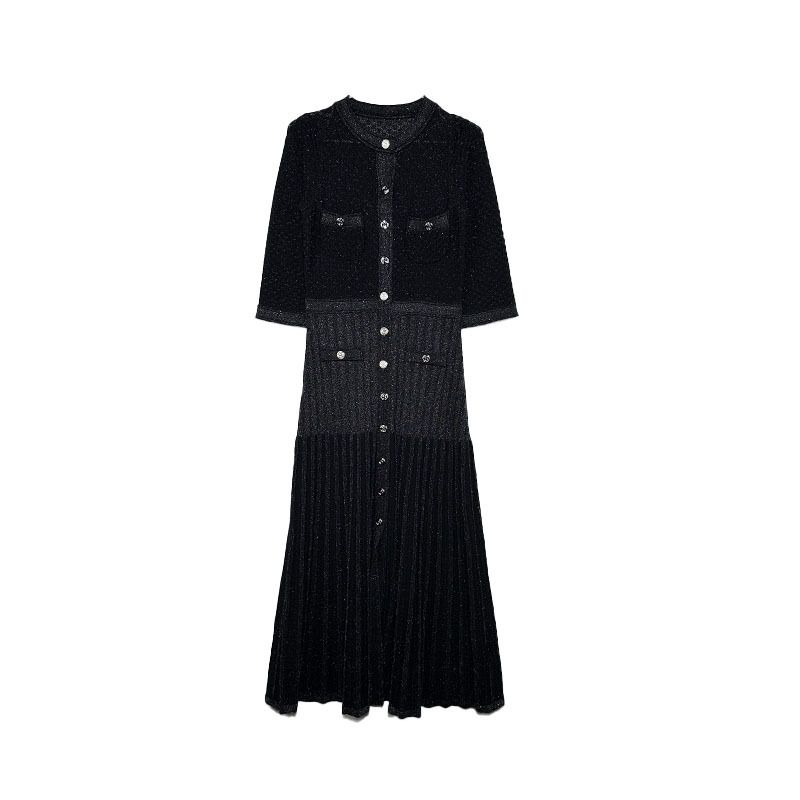 Women's Clothing Autumn Gold Thread Round Neck Hook Flower Single Breasted Hollow Slim Knitted Dress_ecoleips.com