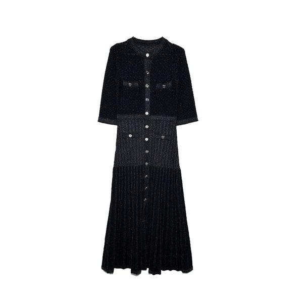 Women's Clothing Autumn Gold Thread Round Neck Hook Flower Single Breasted Hollow Slim Knitted Dress_ecoleips.com