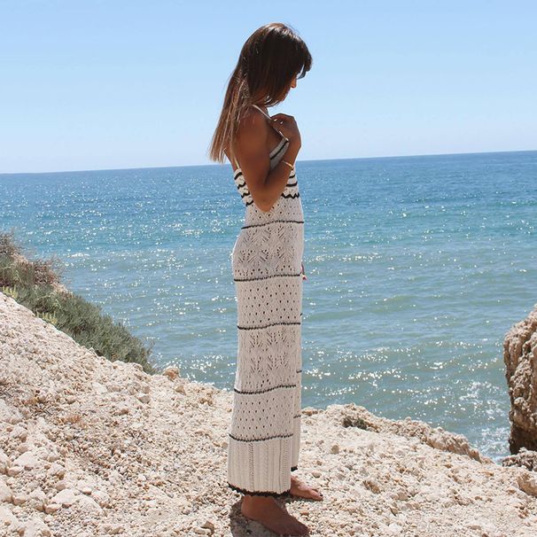 Women's Clothing Summer New Holiday Beach Hollow Suspender Knitted Long Dress_ecoleips.com