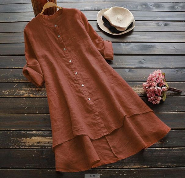 Women's Clothing Spring And Summer Solid Color Button Cotton And Linen Long Sleeve Long Shirt_ecoleips.com