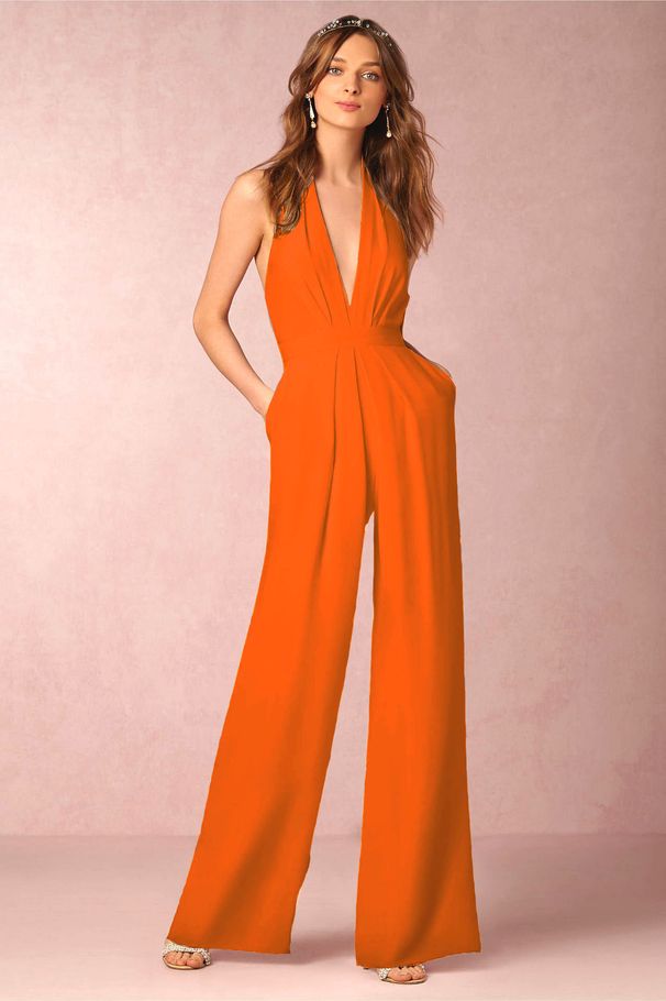Women's Clothing New Creative Fold Style Sexy Women's Dress Deep V Halter Neck Backless Waist Micro Flared Jumpsuit_ecoleips.com