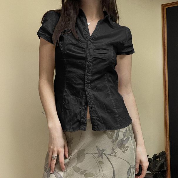 DiYun European And American Y2K Hot Girl Versatile Button Short Sleeve Cardigan Shirt Women's Clothing 2025_ecoleips.com