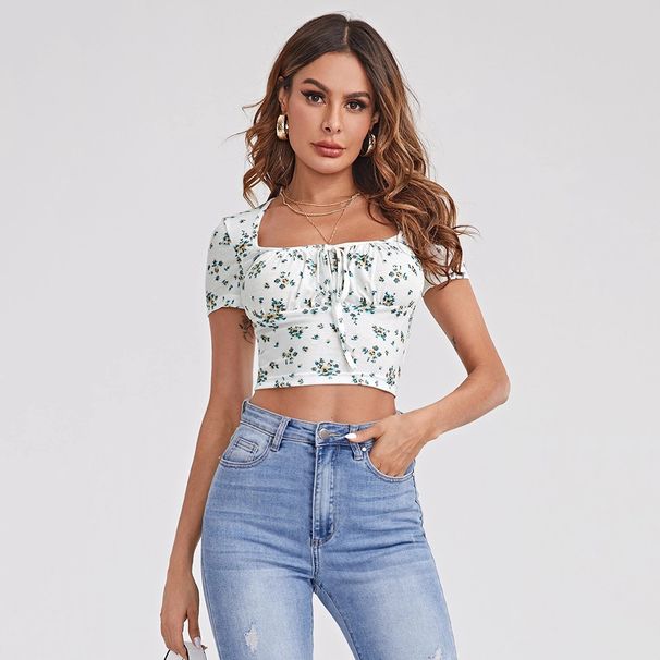 Voya Women's Square Neck Casual Style Short Sleeved Floral T-shirt Summer New Print Design Slim Fit Top_ecoleips.com