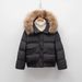 Women's Short Puffer Jacket With Fox Fur Hood - Thickened Loose Fit Winter Coat, Duck Down Filling, Nylon Shell, Black & Khaki_ecoleips.com