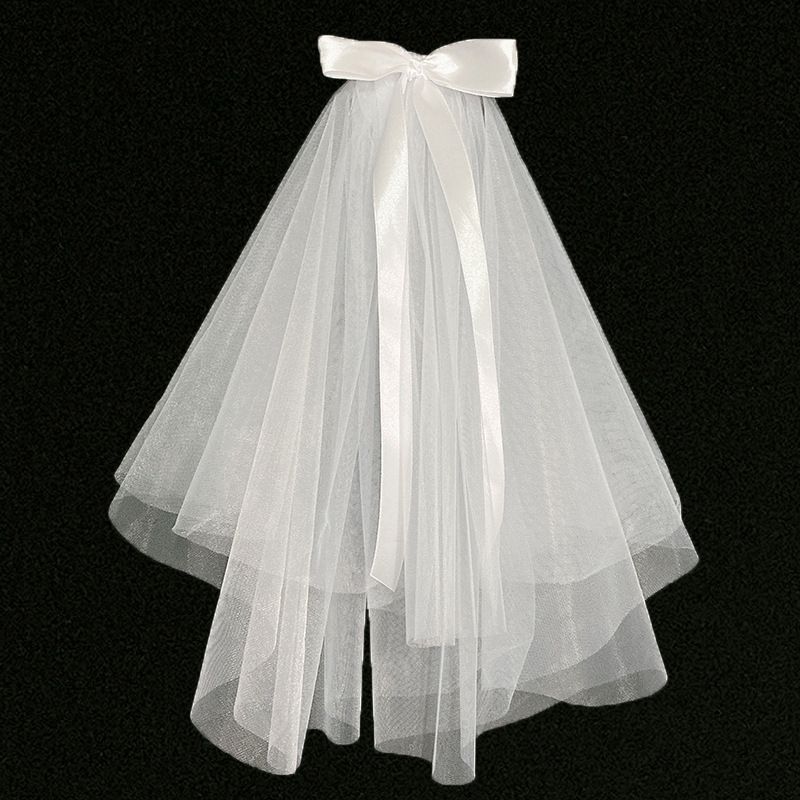 Double-Layer Pearl & Ribbon Bow Wedding Veil – Glow-in-the-Dark Bridal Hair Accessory For Photos (60-80cm, White With Pearls)_ecoleips.com