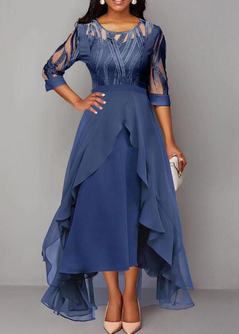 Women's Clothing Autumn And Winter Mid Sleeve Chiffon Dress Spliced Round Neck Lace Hollow Bridesmaid Evening Dress_ecoleips.com