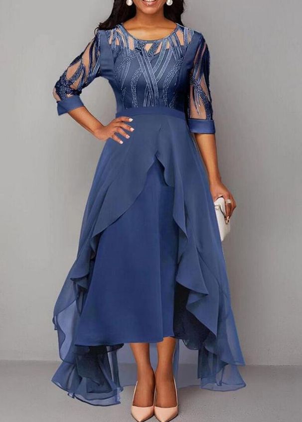 Women's Clothing Autumn And Winter Mid Sleeve Chiffon Dress Spliced Round Neck Lace Hollow Bridesmaid Evening Dress_ecoleips.com