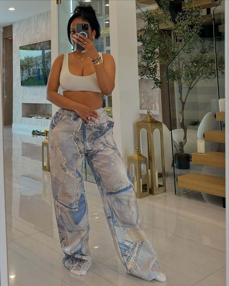 Women's Clothing Summer New Printed Denim Elastic Waist Drawstring Casual Loose Straight Pants_ecoleips.com