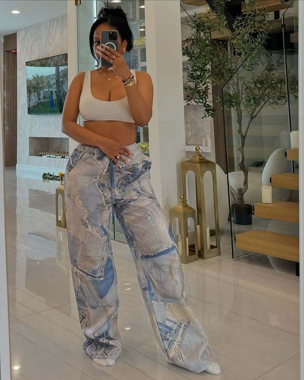 Women's Clothing Summer New Printed Denim Elastic Waist Drawstring Casual Loose Straight Pants_ecoleips.com