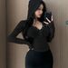 Women's Clothing Women's Slim Fit V Neck Hooded Top Stretchy Versatile Flattering Early Autumn Casual Wear For Everyday And Commuting_ecoleips.com