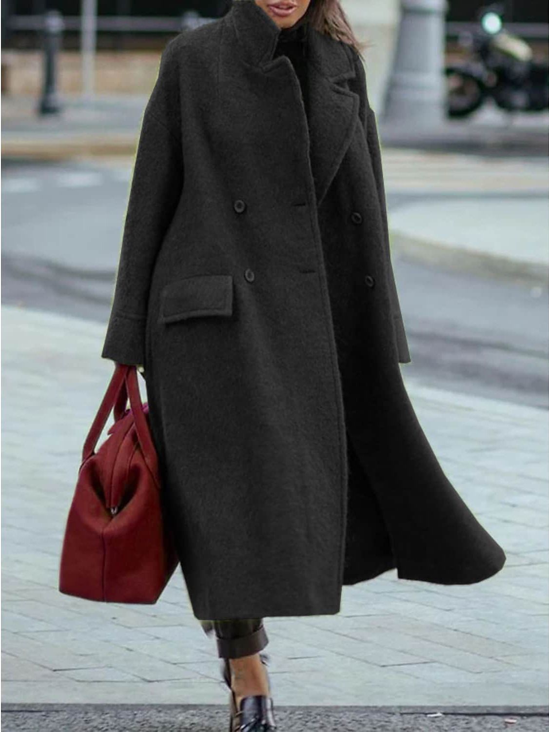 Women's solid color temperament commuting loose woolen green coat without lapels_ecoleips.com