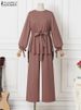 ZANZEA Muslim Women Matching Sets Long Sleeve Solid Color Tops And Loose Pant Suits Elegant Fashion Casual Tracksuit Kaftan 2025_ecoleips.com