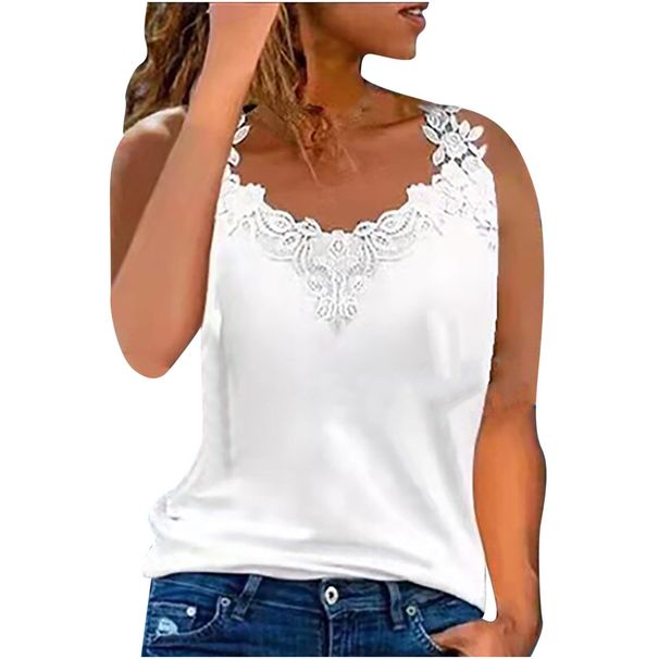 European And American Foreign Trade Summer Fashion Women's Casual Top Lace-stitched Shirt Sleeveless T-shirt_ecoleips.com
