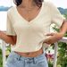 Voya Women's Simple And Sexy V-neck T-shirt With Spicy Girl Design Sense, Short Sleeved Top With Exposed Navel Design Sense_ecoleips.com