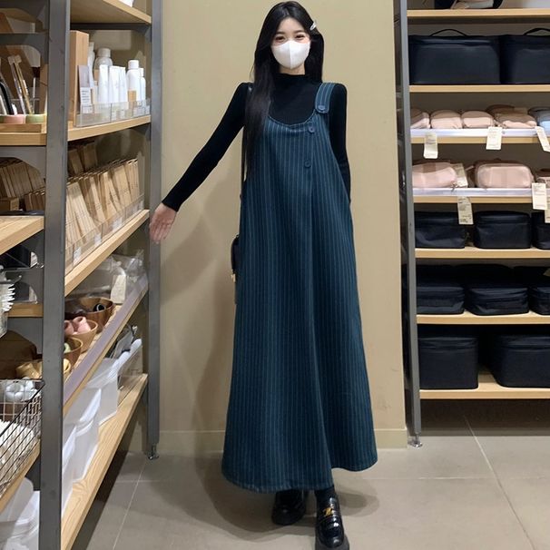 Autumn New Korean Fashion Striped Strap Black Sweater 2-Piece Set Maternity Dress_ecoleips.com