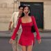 Voya Women's Small Fragrant Style Square Neck Red Dress For Spring And Summer High Waisted Versatile A-line Slit Short Skirt For Women_ecoleips.com