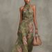 Women's Green Floral Print Halter Maxi Dress Sleeveless High Neck Ruched Waist Chiffon Flowy Evening Party Dress_ecoleips.com