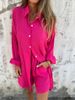 Women's Casual Solid Color Cotton Linen Shorts Long Sleeved Wrinkled Shirt Two Piece Suit Style_ecoleips.com