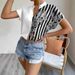 Women's Two Tone Color Block Floral Button Cardigan Short Sleeved Shirt Casual Style Top_ecoleips.com
