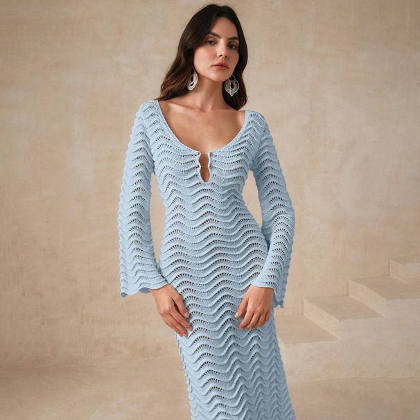 Women's Clothing Beach Skirt For Women Solid Color Sexy Knitted Beach Bikini Swimsuit Cover Up Dress_ecoleips.com