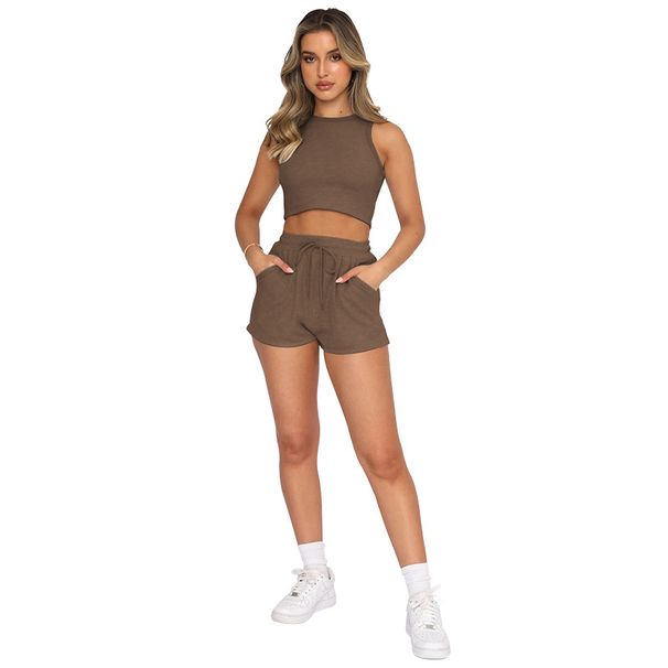 Women's Summer Ribbed Crop Top & Shorts Set - Sleeveless High Waist Workout Outfit, Stretchy Polyester-Spandex Lounge Wear For Gym, Beach & Street_ecoleips.com