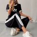 Women's Summer Fashion Color Block Crew Neck Top And Wide Leg Pants Set Loose Fit Casual Outfit Short Sleeve Print Design_ecoleips.com