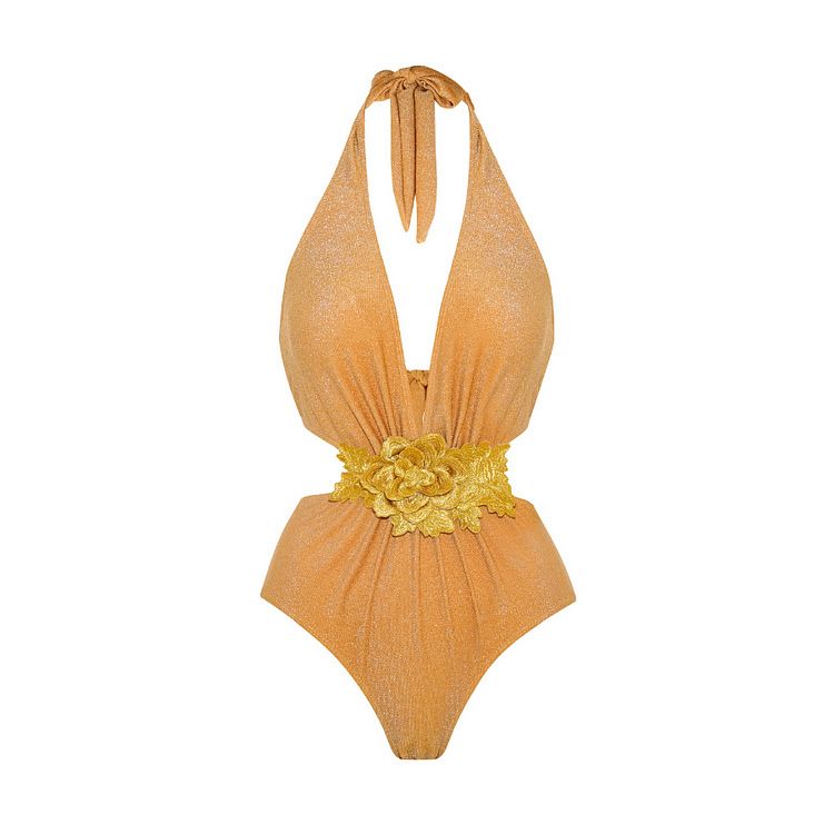 Women's Deep V Neck One-Piece Swimsuit With Strap - Golden Bright High-End Swimwear_ecoleips.com