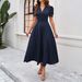 Elegant Plain High Waist V Neck Short Sleeve Dress Women Casual Daily Party Wear_ecoleips.com