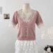 Women's Clothing Sweet Splicing Lace V Neck Short Sleeved Sweater For Women, New Summer Style, Slimming And Age Reducing Short Tops_ecoleips.com