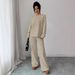 Women's Casual Loose Fitting Striped Trousers Suit with Tie Waist round Neck Long Sleeved Top European And American Style Autumn Winter Collection_ecoleips.com