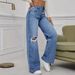 Cross-border Magic Knit Wide-Leg Straight Hot-Selling High-Waisted Floor-Length Pants Ripped Jeans For Women, Light Blue_ecoleips.com