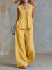 Women's Fashion Casual Solid Color Two Piece Set V Neck Gathered Loose Sleeveless Top with Casual Trousers European And American Style_ecoleips.com