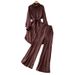 Korean Style Vintage Inspired Women's Clothing Set with Lantern Sleeves High Waisted Slimming Wide Leg Pants Rhinestone Embellishments Single Breasted Shirt_ecoleips.com