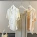Women's Pure Elegant Short Sleeve T-Shirt Summer Style Faux Two-Piece Waist Cinching Pleated Versatile Top with Scarf_ecoleips.com