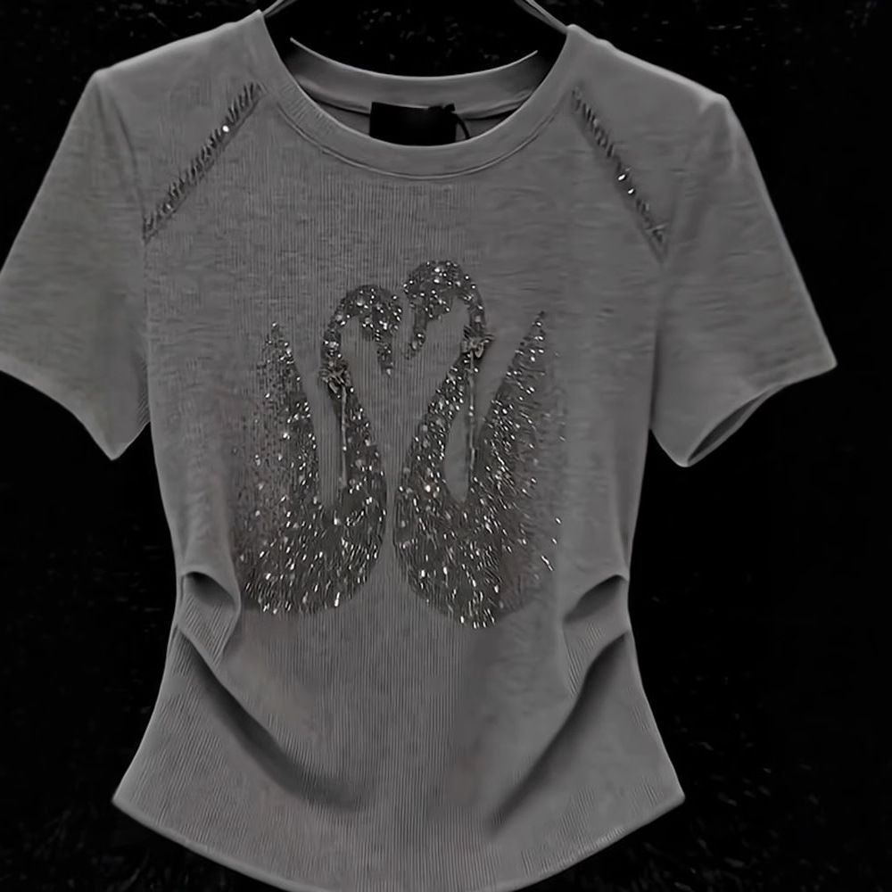 Women's Clothing Summer New Heavy Industry Swan Hot Diamond Gray Short Sleeved T Shirt Women's Ice Silk Breathable Shoulder Niche Top_ecoleips.com