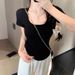 Skinny Short-sleeved T-shirt Women's Front Shoulders Big U-neck Exposed Collarbone Casual Versatile And Thin Short Top Spice Girl Sexy T-shirt_ecoleips.com