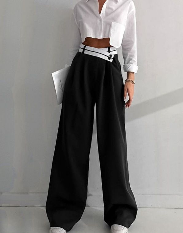 Women's Clothing High Waist Temperament Elegant Contrast Color Cross Waist Wide Leg Trousers_ecoleips.com