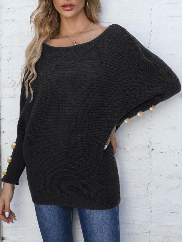 Women's Pearl Button Batwing Sleeve Sweater - Loose Pullover With One-Shoulder Neckline For Autumn & Winter_ecoleips.com