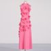 Women's Clothing Temperamental And Elegant Style Stand Up Collar Sleeveless Solid Color Long Dress Three Dimensional Flower Collage Design Long Dress_ecoleips.com