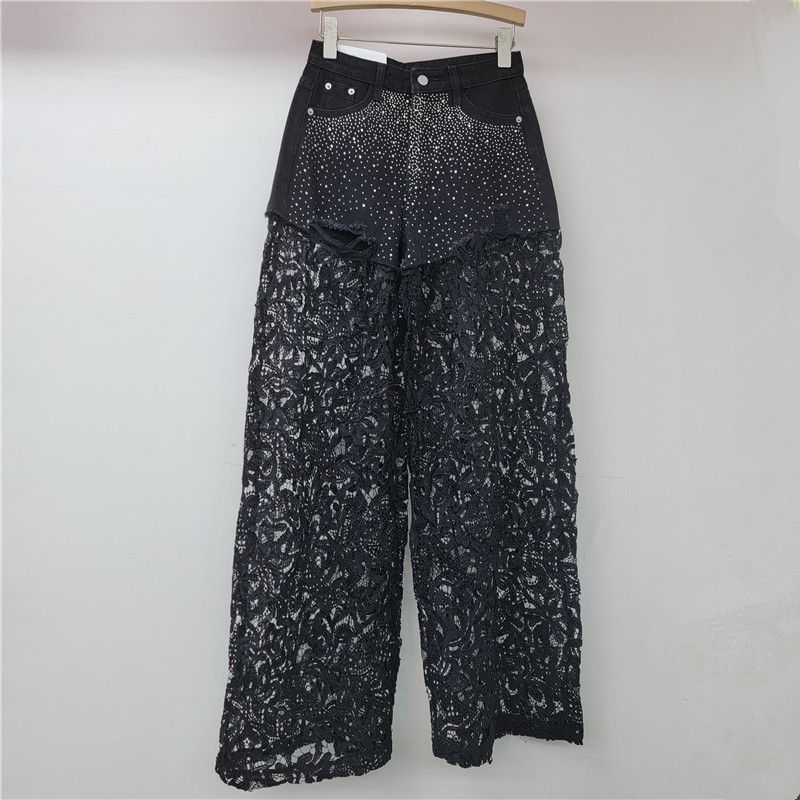 Pink Lace Splicing Heavy Hot Diamond Wide Leg Pants For Women High Waist Slim Drape High End Straight Casual Pants_ecoleips.com