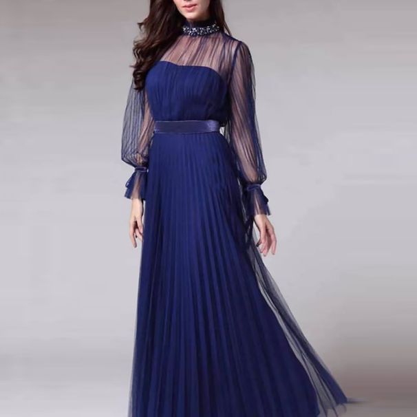 Women’s Clothing spring and summer new women's mesh temperament long sleeved dress annual meeting banquet evening dress skirt_ecoleips.com