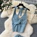 Casual Women's Premium Selection Suit Korean Style Fashionable Summer Outfit Subtle Knot Halter Neck Tank Top High Waist Wide Leg_ecoleips.com