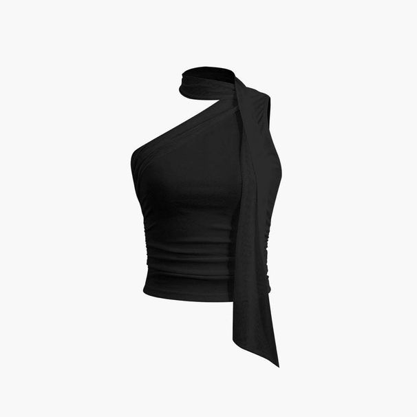 Women's Slim Fit Asymmetrical Vest European American Style One Shoulder Design with Pleated Detail And Ribbon Scarf Neck Warmer Sleeveless Short T-Shirt Top_ecoleips.com