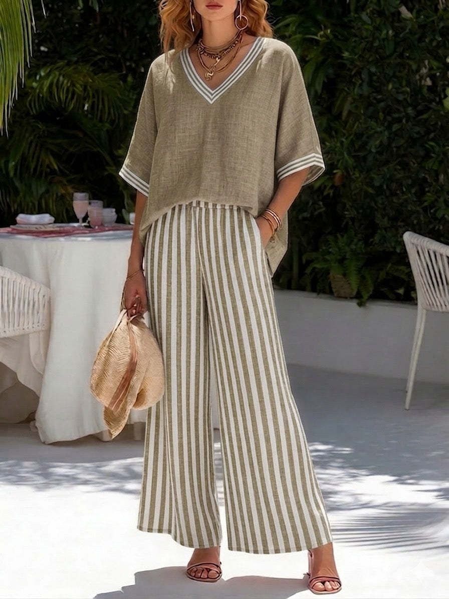 Women's V Neck Top And Straight Striped Casual Trousers Clothing Set_ecoleips.com