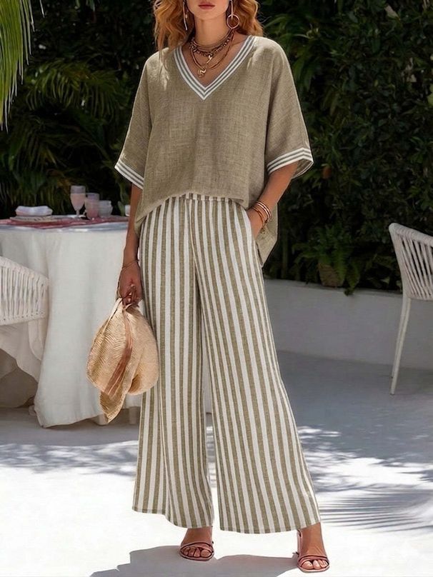 Women's V Neck Top And Straight Striped Casual Trousers Clothing Set_ecoleips.com