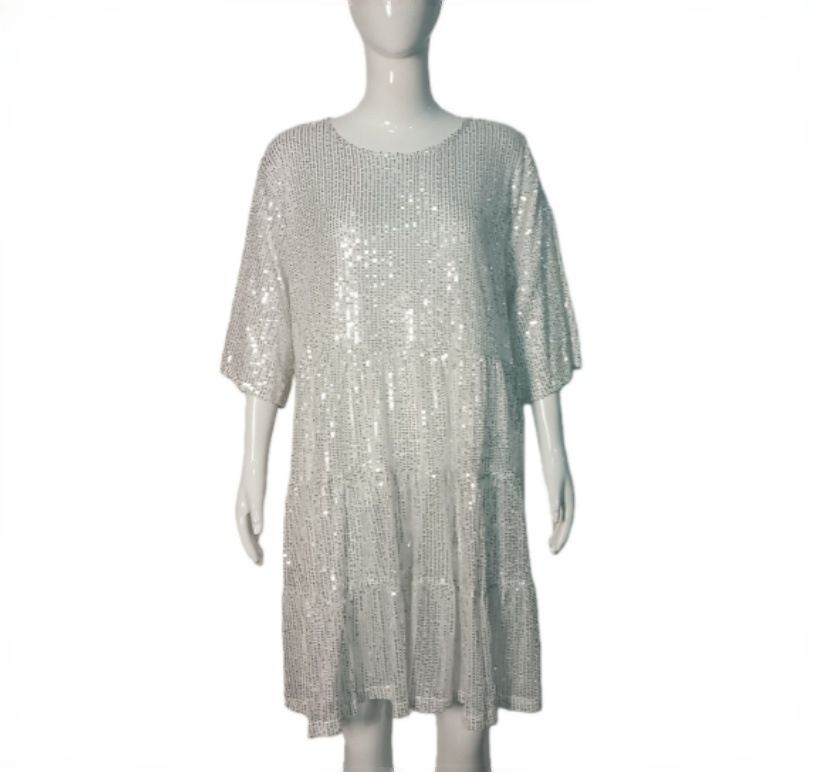 Women's Loose Fit Round Neck Short Sleeve Sequin Glitter Mini Dress – Party Evening Gown_ecoleips.com